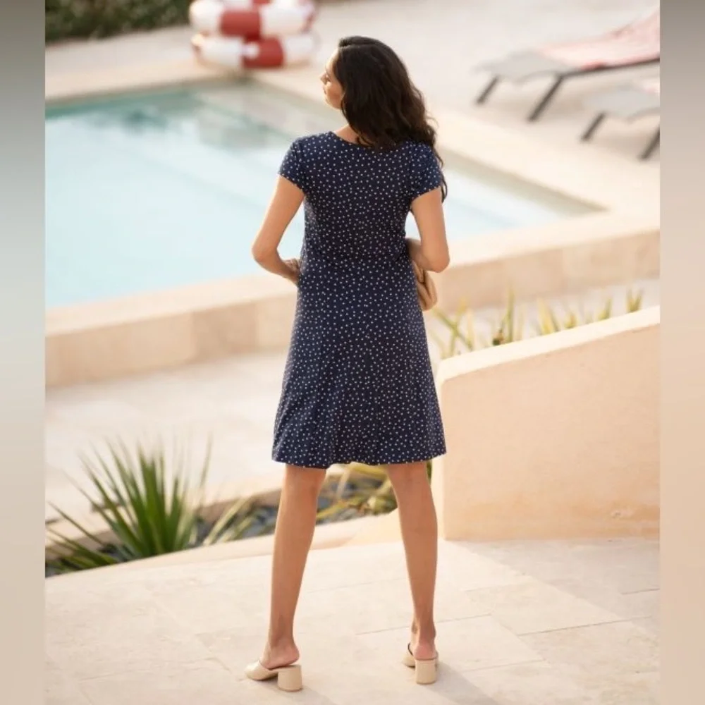 Seraphine Maternity Jersey Knit Dress Cap Sleeve Navy Blue Polka Dot NWT - Picture 13 of 13